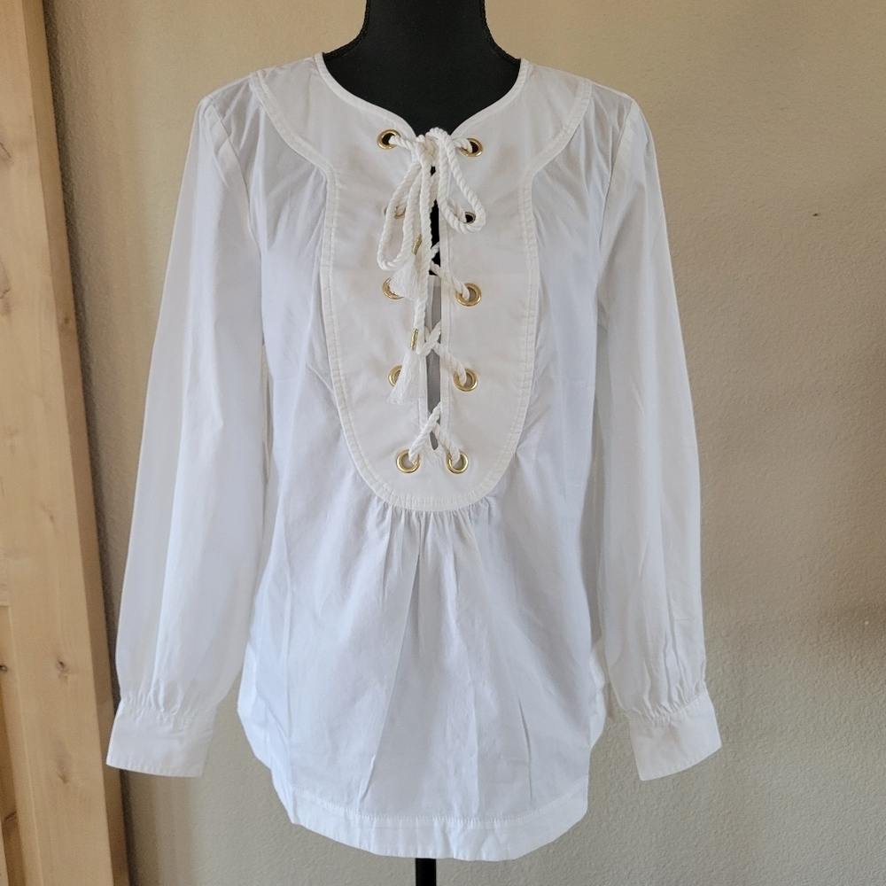 🔥 (5for$35) NWT TRINA TURK Kahula White Tie Front Peasant Tunic Blouse Cotton
